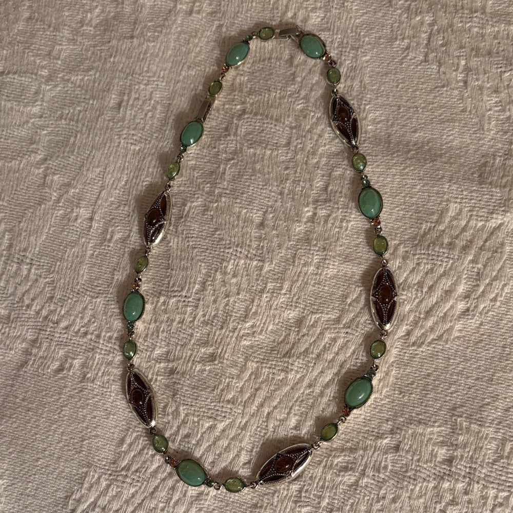 Monet Green Stone and Silver-Tone Beaded Necklace